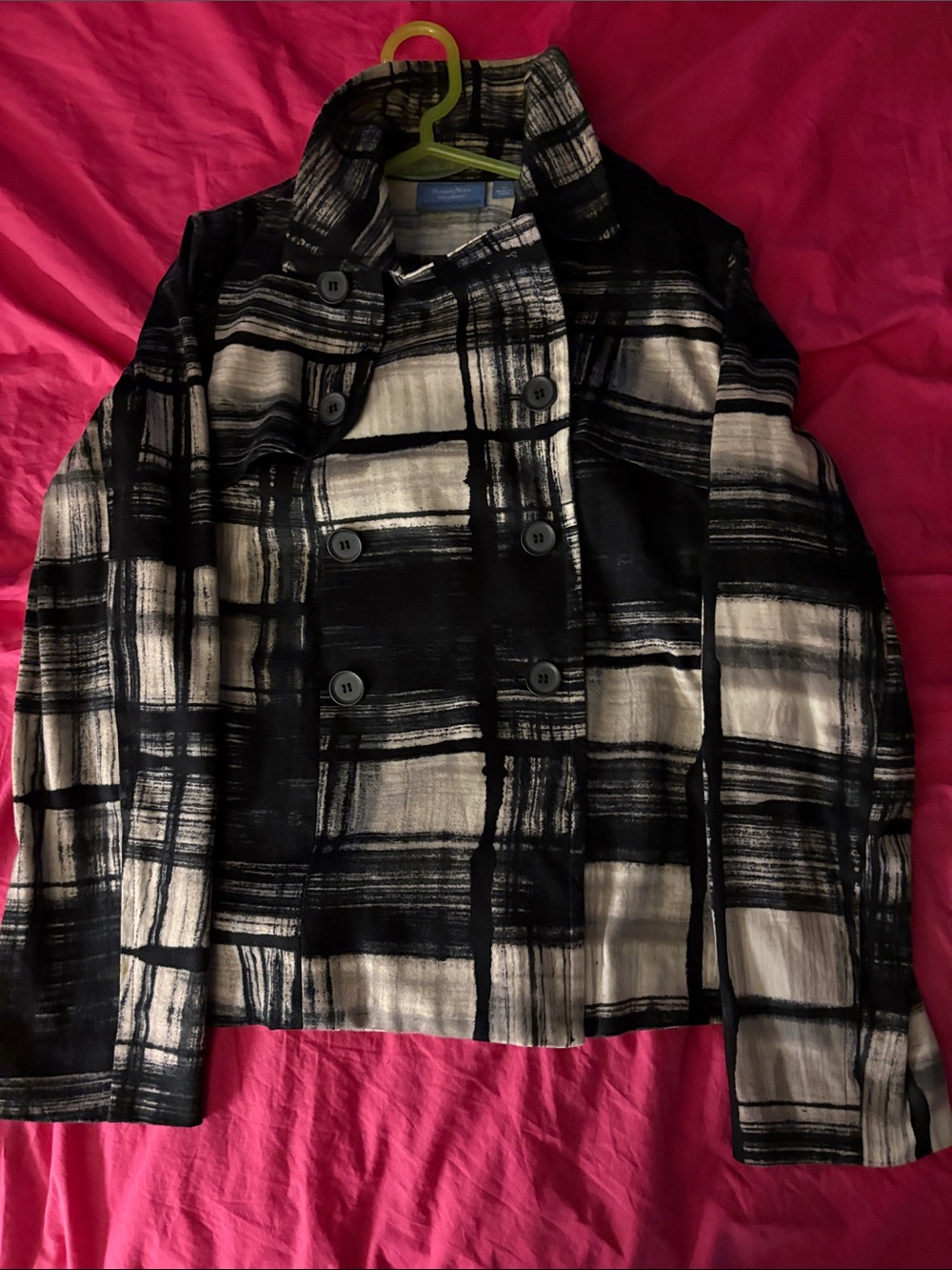 Simply Vera Vera Wang Black and White Plaid Double-Breasted Cotton Swing Jacket